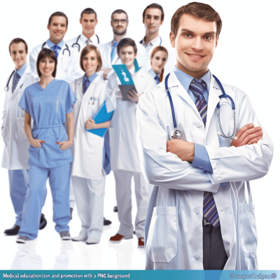 medical education and promotion with a group of doctors, photorealistic white background. A doctor in the center stands to the side with his arms crossed against an advertising banner for " ", in the style of vector style, white uniform background, professional photo, high resolution, high detail, hyperrealism, high quality.