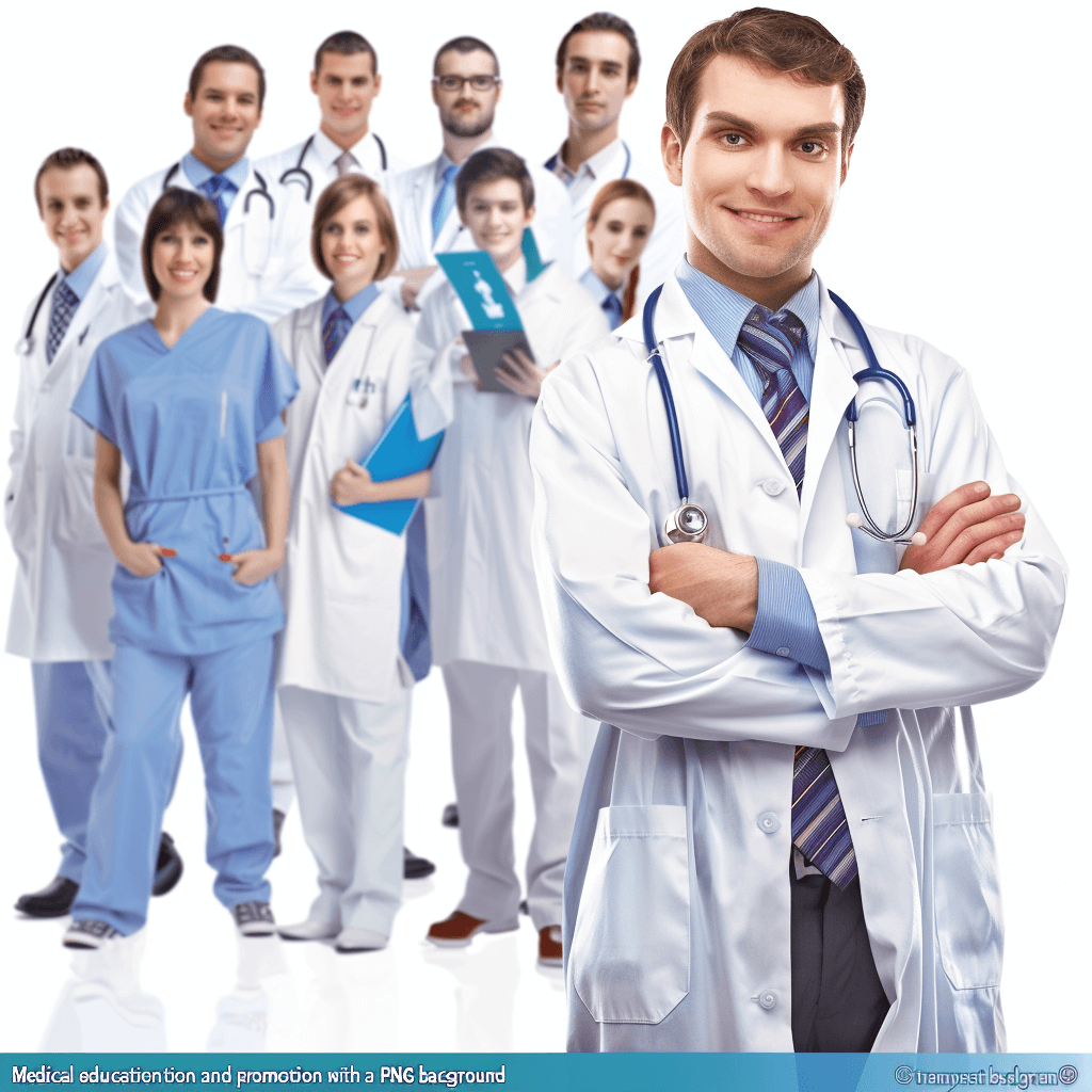 medical education and promotion with a group of doctors, photorealistic white background. A doctor in the center stands to the side with his arms crossed against an advertising banner for ” “, in the style of vector style, white uniform background, professional photo, high resolution, high detail, hyperrealism, high quality.