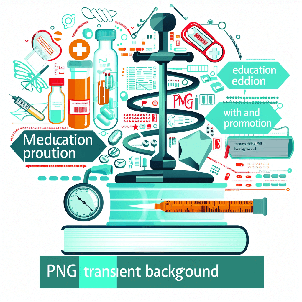 Vector illustration of ” drug education and promotion with PNG transparent background” vector graphics, flat design, high resolution vector illustration, white background, ” amber”, medical equipment , books, an tonact يتatabi and doctor’s tools icons. Colorful, green blue and turquoise color scheme, professional graphic designer style. In the center is an inkblot test, which contains various patterns such as red lines and dots in different sizes. The bottom left corner features two “, PNG”. on top right side it says ” UI & UX Design to promrror and promotion”. . Flat geometric shapes such as circles and squares create abstract elements. A large title