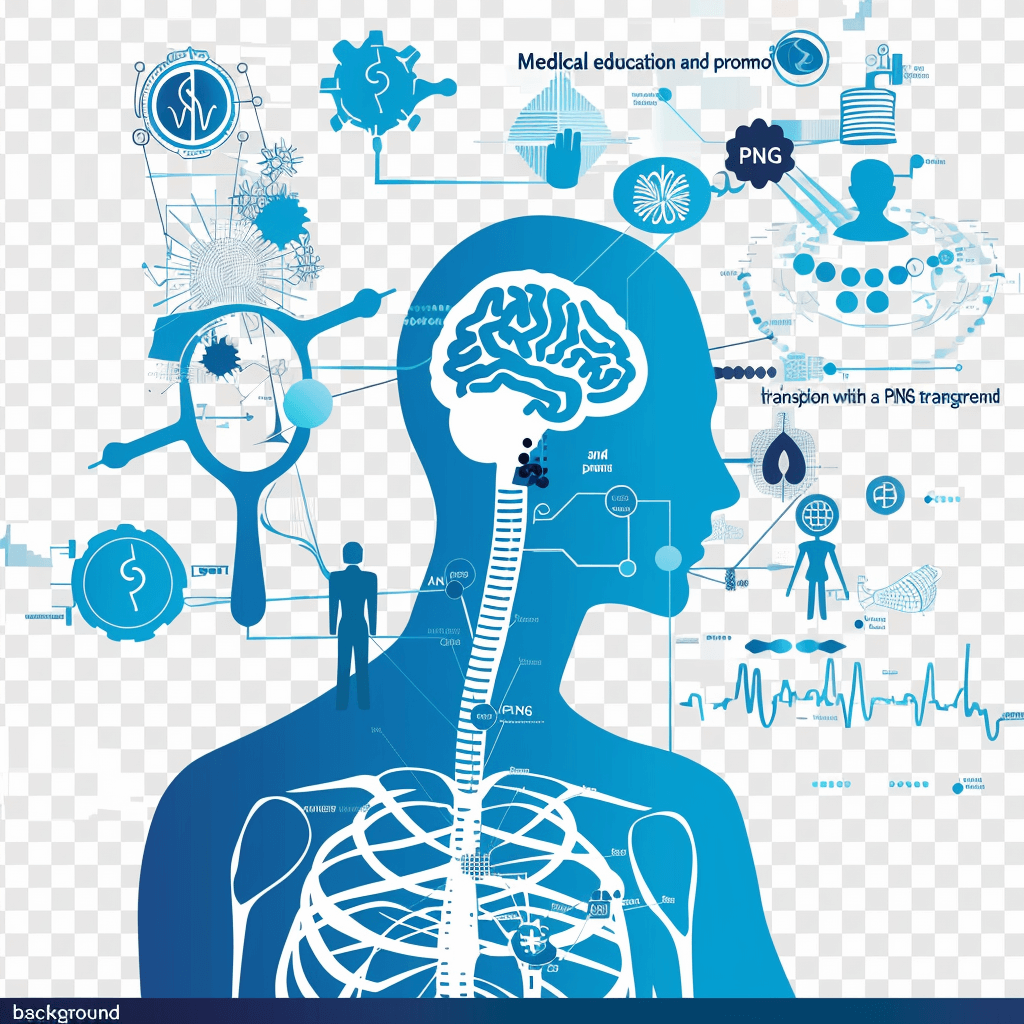 Medical education and promoting the use of artificial intelligence in medicine. Vector graphic design shows a man silhouette with brain structure inside, in the style of transparent png background. Icons such as magnifying glass, gears, and audit marks on body parts and other doctor tools are featured in a white and blue color theme. The digital illustration is in a flat style of professional quality and isolated on a transparent background with high resolution and high contrast, making it suitable for a professional t-shirt design vector art for printing on . Green screen with plain background and legitimate realism.