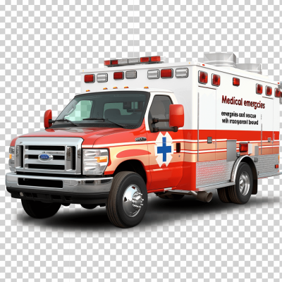medical emergency and rescue service with transparent background, ford ambulance in the style of ch barron, hyper realistic photography, high resolution, professional photograph, super detailed, white and red color palette, isolated on transparent png background, hyperrealistic