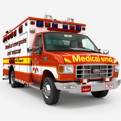 3D model of an ambulance with the words "medical emergency and rescue" on it, white background, no shadows, hyper realistic, high resolution, high detail, high quality, octane render, 8k, full HD, super detailed, photo real, isolated, white background. The ambulance is rendered in the style of octane render.