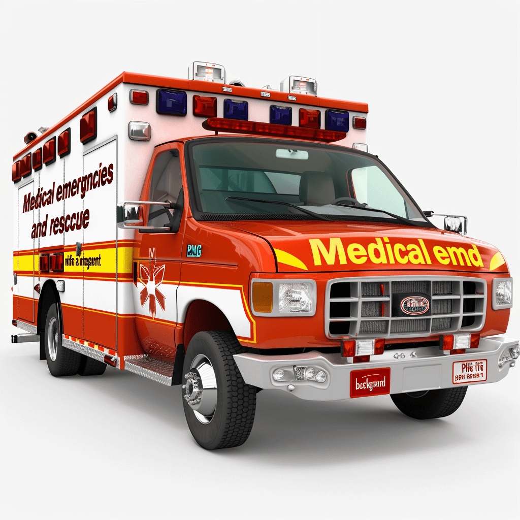 3D model of an ambulance with the words “medical emergency and rescue” on it, white background, no shadows, hyper realistic, high resolution, high detail, high quality, octane render, 8k, full HD, super detailed, photo real, isolated, white background. The ambulance is rendered in the style of octane render.