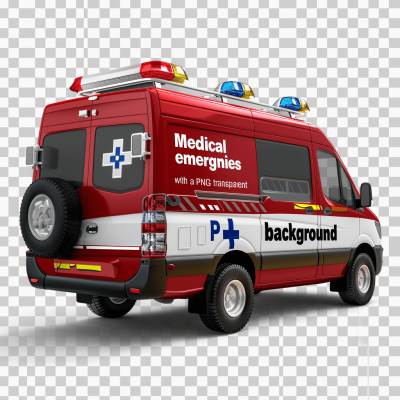 medical emergency with transparent background " red and white ambulance van mockup with the words "VECTOR Background ", hyper realistic, photography, isolated on transparent png background