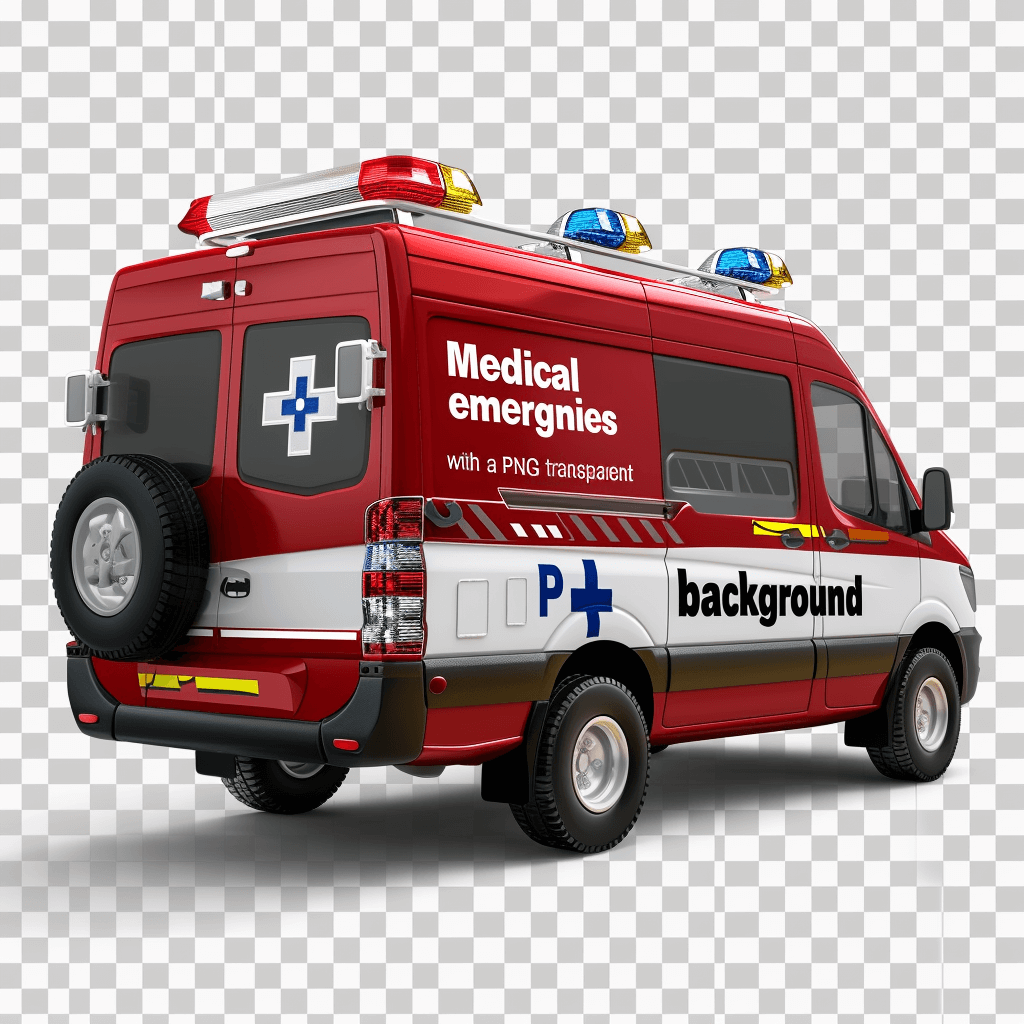 medical emergency with transparent background ” red and white ambulance van mockup with the words “VECTOR Background “, hyper realistic, photography, isolated on transparent png background