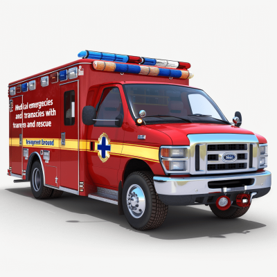 3D model of "medical asiatel, medical gamer and emergency service with lights on, realistic red Ford truck", white background, in the style of medical asiatel, medical gamer and emergency service with lights on, realistic red Ford truck.