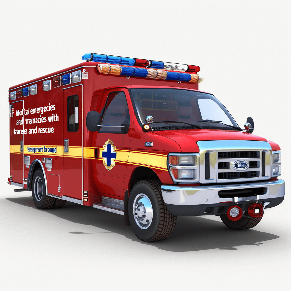 3D model of “medical asiatel, medical gamer and emergency service with lights on, realistic red Ford truck”, white background, in the style of medical asiatel, medical gamer and emergency service with lights on, realistic red Ford truck.