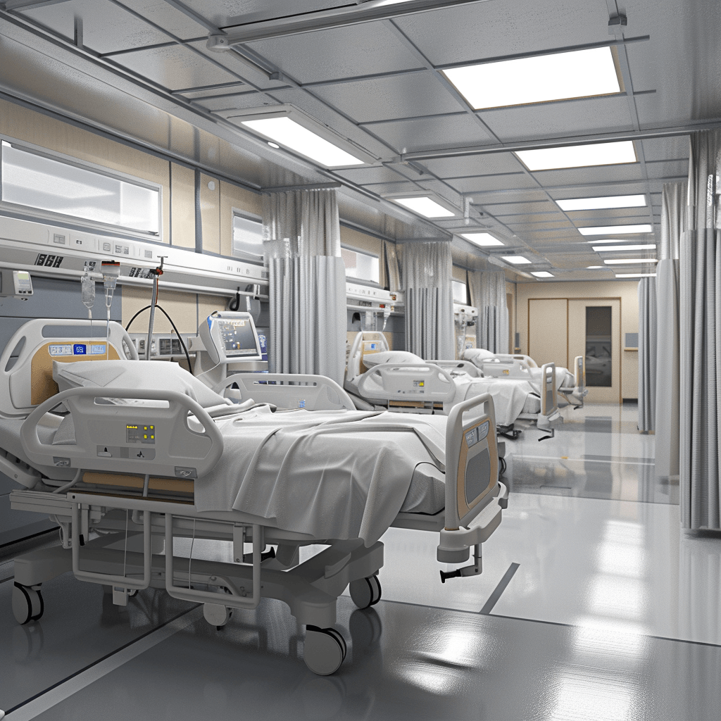 A realistic photo of an interior view inside the modern hospital with beds and medical equipment, light gray color theme, high tech design, in the style of hyperrealistic.