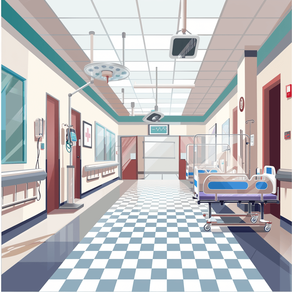 indoor vector illustration of a hospital hall with medical equipment and an operating bed, a checkered floor, in the style of a cartoon, simple design, flat colors, no shadows, low detail