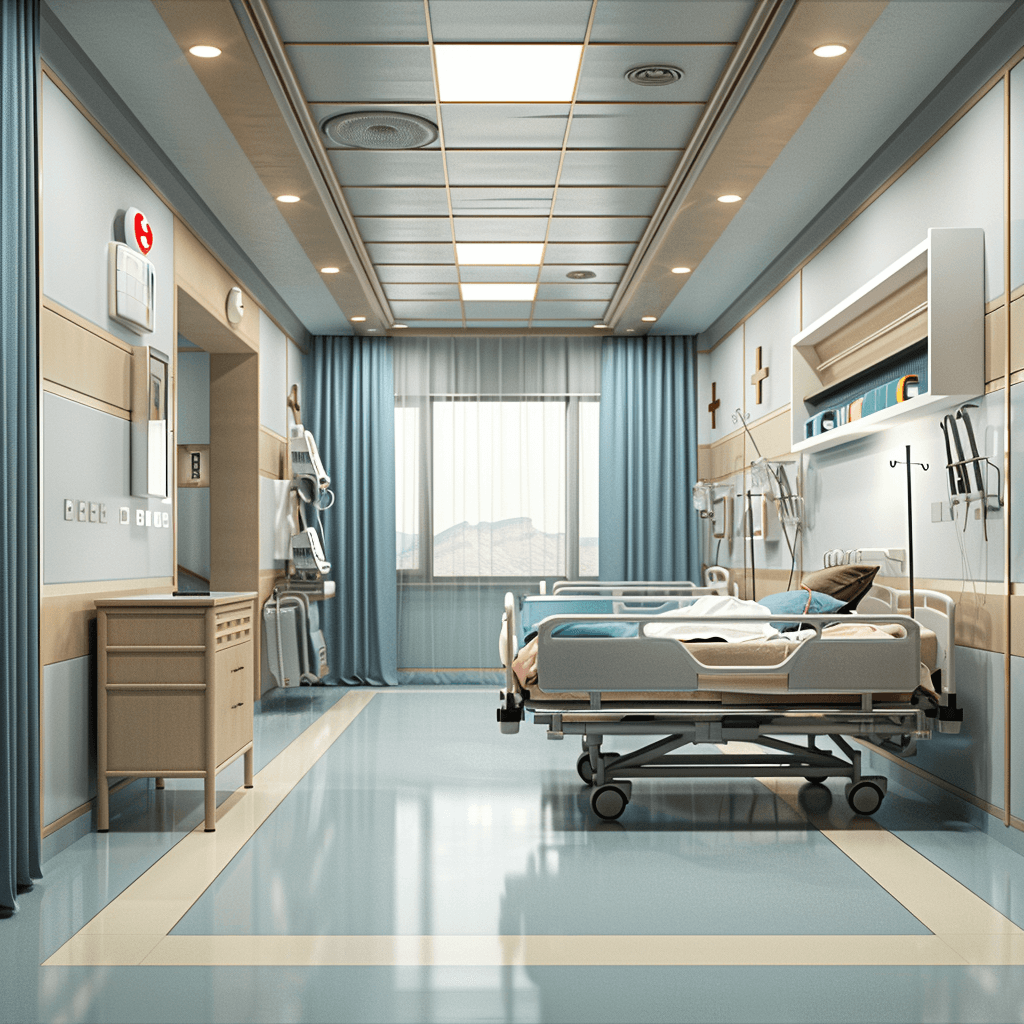 Realistic photograph of an empty hospital room, no people or equipment in the scene, showcasing modern medical design with blue and beige color scheme. The focus is on one bed with some medical accessories, capturing details like the ceiling lights, wall cabinets, window curtains, wooden night stand, iron cast side tables, high resolution, 3d rendering, bright lighting.