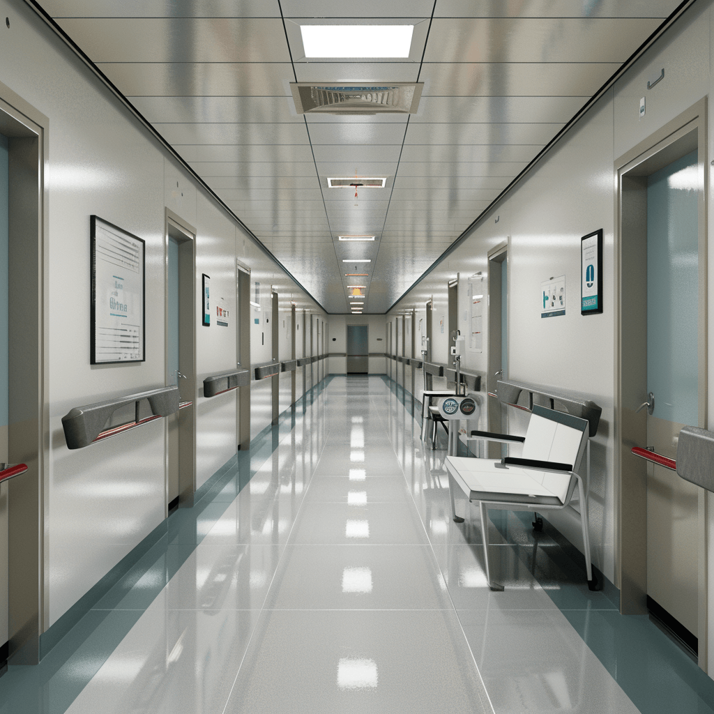 modern hospital hallway, realistic photo, hyperrealistic