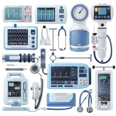 A collection of medical equipment, such as an EKG monitor and stethoscope, is displayed in various poses on a white background. The equipment includes blue color accents and features detailed graphics. This illustration was created using vector design software to create high-resolution images with sharp details. It should be rendered in a realistic style suitable for use in educational materials or promotional material, in the style of medical illustration.