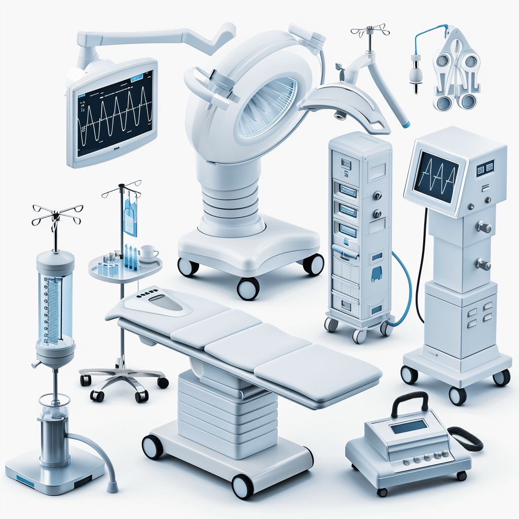 A collection of medical equipment, such as an operating table and monitor, arranged in a white background. The items should be rendered with realistic details to showcase their precision craftsmanship. Use soft lighting to highlight the contours and textures on each piece. Include elements like premium materials and hightech technology for visual appeal. Ensure that all components have clear logos or brand clearly visible.