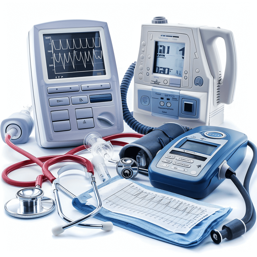 A photorealistic, high-resolution image of various medical equipment including an ECG monitor and stethoscope with a white background. The focus is on the details such as textures and features of each device, creating depth in the composition. This setting emphasizes clarity and precision in their use for healthcare purposes. It would be perfect to be used as clipart or a web banner.