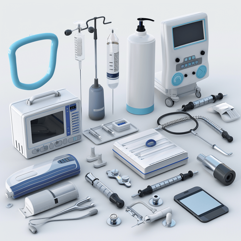 3D render of medical equipment on a white background with a blue and grey color scheme. Many objects are placed on the ground in the style of minimal editing of the original text. Any Chinese characters have been removed.