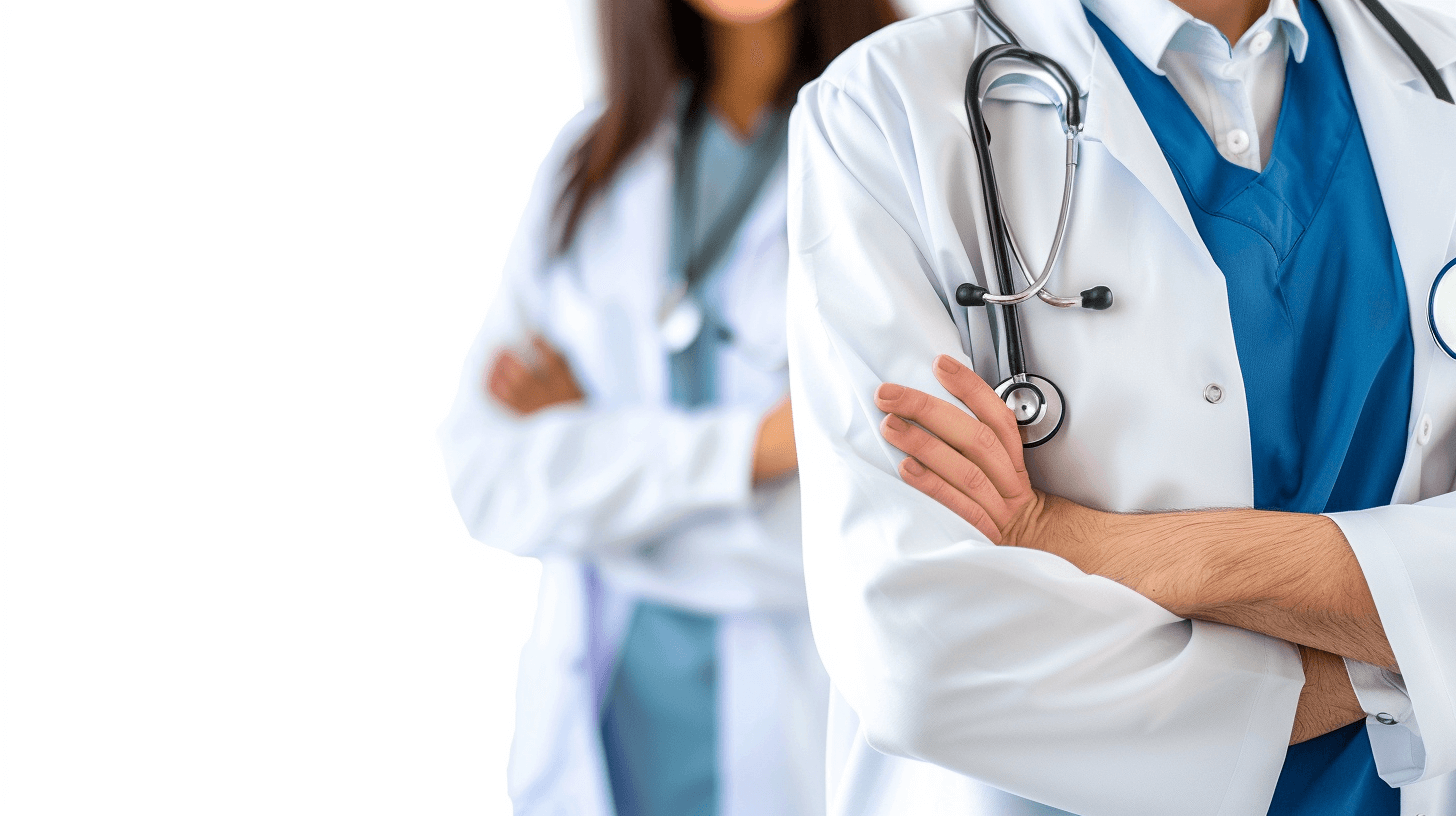 Dramatic close up of male and female doctor standing with arms crossed over white background, medical concept banner for hospital or clinic advertising, copy space. Space on the left side for text, stock photo,