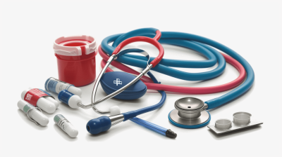 A blue and red stethoscope, with some bandages wrapped around it on a white background. An air tube is also placed next to these medical tools. The scene includes other hospital equipment such as medicine bottles, syringes, needle covers, and more, all arranged neatly together. This composition creates a professional atmosphere of healthcare. No text or letters were added in any part of this image.