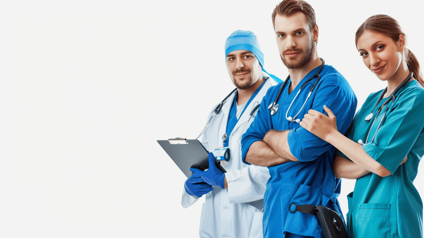 Commercial photography, three doctors standing next to each other with their arms crossed and holding clipboards in blue scrubs on a white background, with white lighting, studio light, soft shadow, clean sharp focus, bokeh background, high resolution photography.