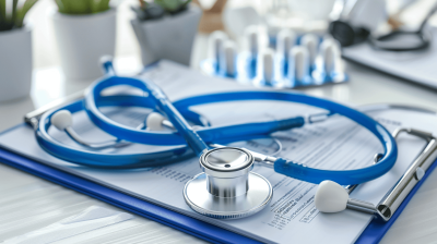 A stethoscope and medical documents on a table, in a closeup view with a blue color tone and white background, with medical equipment in the background.