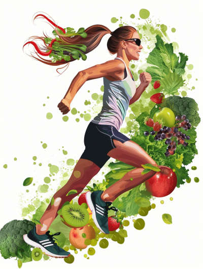 A digital illustration of an athletic woman in running gear, with long hair tied back and sunglasses on her face, is surrounded by vibrant green vegetables, red fruits like apples or strawberries, and some blueberries, all floating around the character on a white background. The artwork is in a colorful, digital art style.