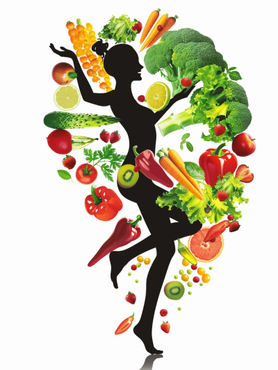 A silhouette of an athletic woman dancing gracefully, surrounded in the style of vibrant fruits and vegetables. Isolated on a white background.