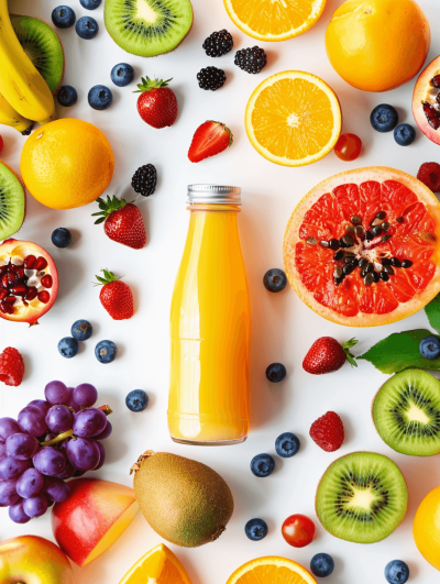 Top view of fruit and orange juice bottle on white background, surrounded in the style of fresh fruits, vibrant colors, natural lighting, flat lay composition, high resolution photography, product design photography, stock photo style.