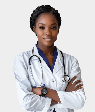 Portrait of an African American female doctor in a white lab coat with a stethoscope around her neck, arms crossed and smiling at the camera isolated on a clear transparent background, png photo stock. The portrait is in the style of a medical professional.