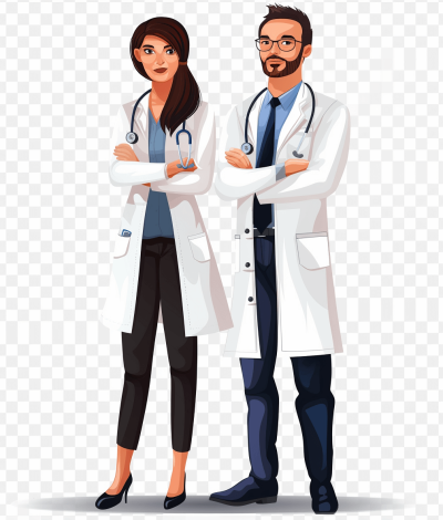 Portrait of two doctor man and woman cartoon vector illustration on transparent background, full body standing pose with arms crossed in medical uniform, white coat, stethoscope , office environment, smiling face expression, high resolution, professional photography, realistic photo style