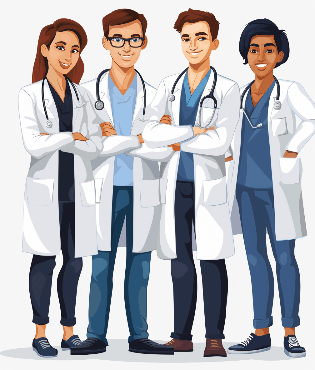 group of young doctor cartoon vector illustration, white background, full body, png transparent background