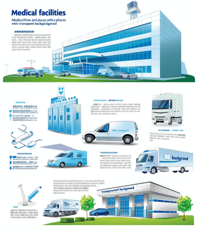 A medical facility and places with a transparent background. Vector illustration, white color palette with blue details, modern design of infographic elements for the set depicting different types of vehicles from an ambulance to delivery trucks and caravans that create scenes of various healthcare services across the country, blue text on a light grey background with a white border.