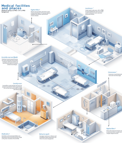 Photorealistic infographic of a medical facility floor plan with an intriguing design, showcasing the layout for various patients' rooms in blue tones. The vector style floor plan has no text, shadows, or details against a white background with no colors or shading. The isometric perspective provides an overview of the layout.