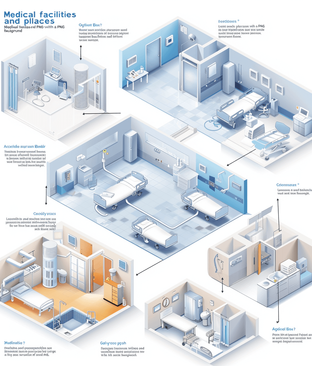 Photorealistic infographic of a medical facility floor plan with an intriguing design, showcasing the layout for various patients’ rooms in blue tones. The vector style floor plan has no text, shadows, or details against a white background with no colors or shading. The isometric perspective provides an overview of the layout.