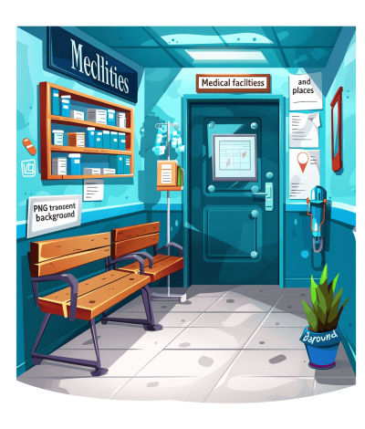 The medical facility entrance has an open door leading to another room with shelves of charts and posters. A bench in front has several supplies on it such as bandages and medicine bottles. The wall above displays various signs or signage indicating hospital entry. The vector flat cartoon illustration has a white background, with text "Maya's illustrative game art", and a vibrant blue and turquoise color scheme. It depicts an "over the shoulder view" with no people.