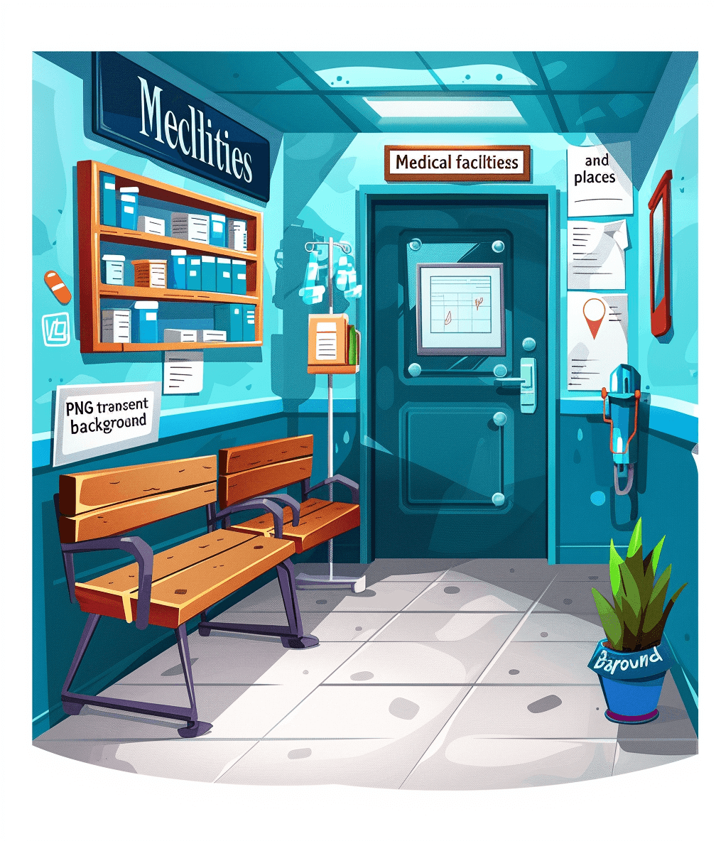 The medical facility entrance has an open door leading to another room with shelves of charts and posters. A bench in front has several supplies on it such as bandages and medicine bottles. The wall above displays various signs or signage indicating hospital entry. The vector flat cartoon illustration has a white background, with text “Maya’s illustrative game art”, and a vibrant blue and turquoise color scheme. It depicts an “over the shoulder view” with no people.