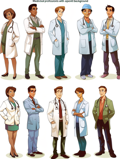 Medical professionals with different styles and backgrounds, set against an apartment background." Vector illustration of medical workers in various poses and expressions, wearing white coats, green pants or jeans, red neckties, black ties, brown shoes, blue shirts, and blonde hair or dark skin color. The characters should be depicted as young men and women standing on the left side of the page. White background for easy removal if curves need to be carved out.