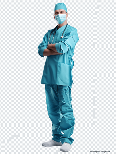 Stylish male doctor in blue scrubs and mask, full body isolated on transparent background cutout PNG file with white border