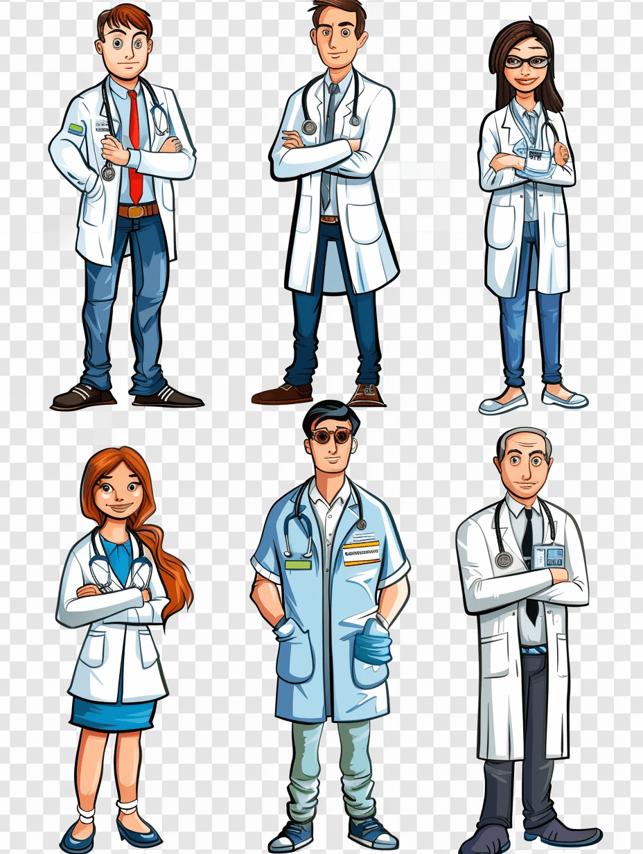 Watercolor cartoon style full body male and female doctor clip art set, white coat with stethoscope around necks, various poses arms crossed, isolated on transparent background, high resolution vector illustration, png format.