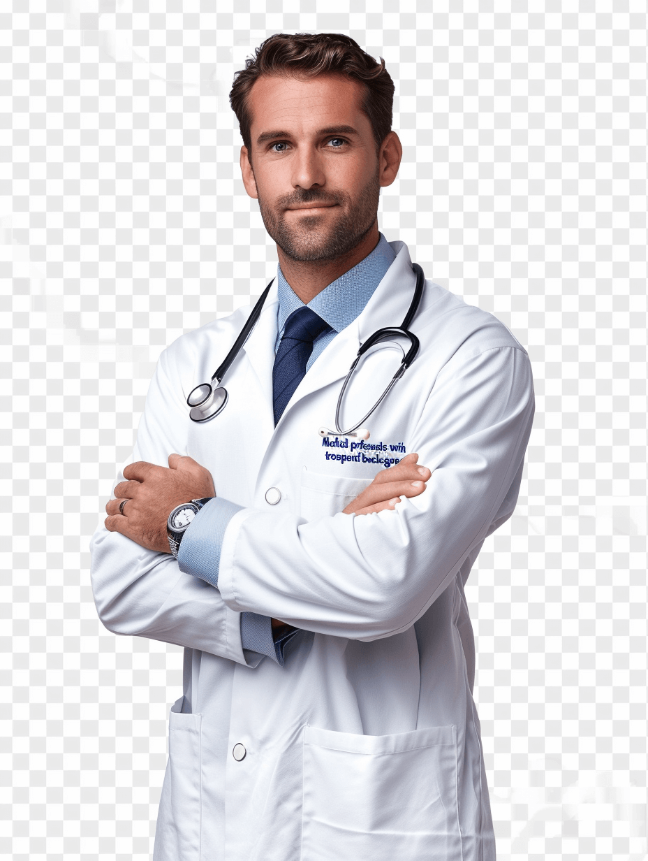 Portrait of handsome doctor in white coat with stethoscope, isolated on transparent background PNG file