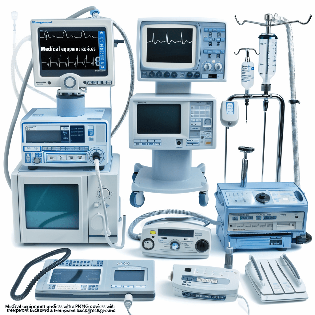 High resolution photograph of medical equipment with an isolated white background, showcasing various types and styles of monitors, IV stands, spectrometers and other life support devices used in hospital settings. The photograph is in the style of medical equipment with an isolated white background.