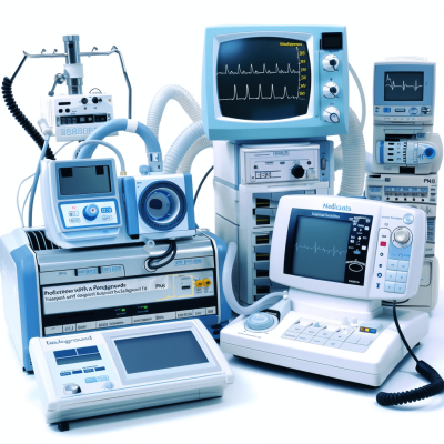 Medical equipment with E preferable to use white background." on the right side of an A4 paper, various medical devices such as life support machines and monitors are arranged in front of it. The focus is set at eye level, allowing for easy access by many people. In one corner there's also some data or graphics displayed on digital display panels, indicating that these medical instruments can be used not only during patient care but also for analyzing health information.