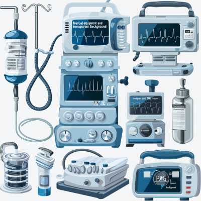 medical equipment and transparent background vector illustration, cartoon style with blue tones", digital art, " for use in an online book cover design in the style of artist Daryll Perry." The subject is medical devices and other tools such as a monitor and bracelet-shaped recording tape.