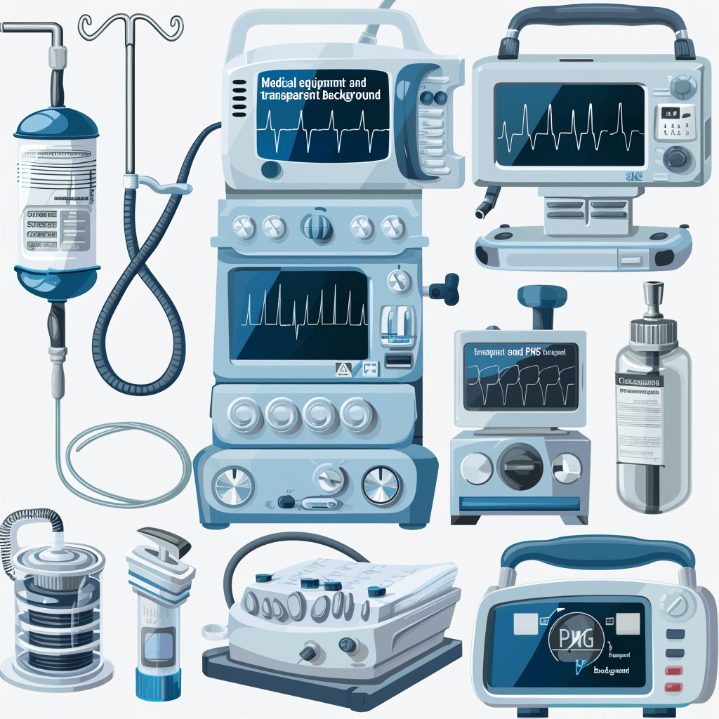 medical equipment and transparent background vector illustration, cartoon style with blue tones”, digital art, ” for use in an online book cover design in the style of artist Daryll Perry.” The subject is medical devices and other tools such as a monitor and bracelet-shaped recording tape.