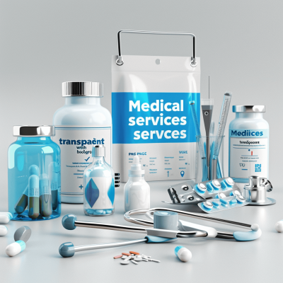 A medical product packaging with the words "translucent medical services" on it, featuring various health products such as bottles and vials filled with liquid white medicine and blue pills, surrounded by stethoscope tools, arranged neatly in an isometric perspective, rendered in the style of C4D OC renderer, with soft lighting and a neutral background. The overall color scheme of light gray and sky blue creates a professional atmosphere, highlighting high quality details without repeated words or Chinese characters.