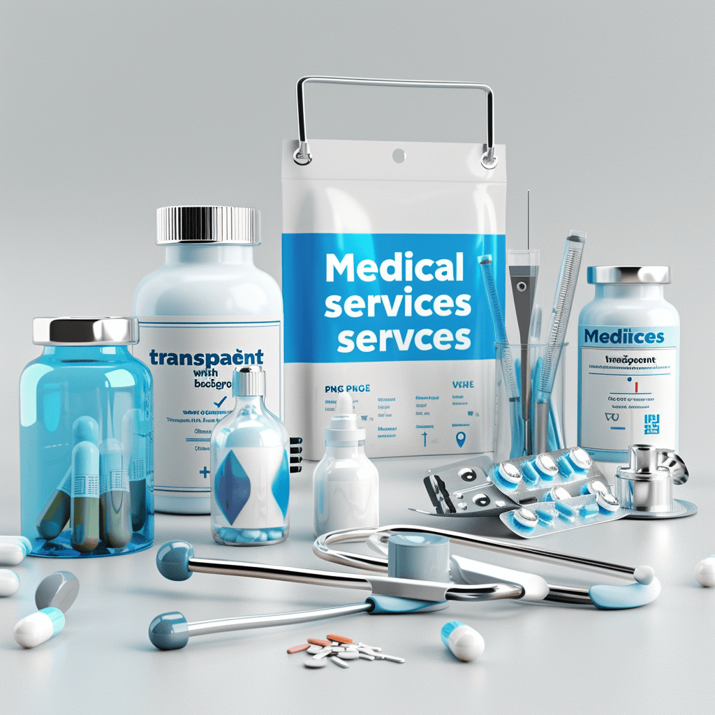 A medical product packaging with the words “translucent medical services” on it, featuring various health products such as bottles and vials filled with liquid white medicine and blue pills, surrounded by stethoscope tools, arranged neatly in an isometric perspective, rendered in the style of C4D OC renderer, with soft lighting and a neutral background. The overall color scheme of light gray and sky blue creates a professional atmosphere, highlighting high quality details without repeated words or Chinese characters.