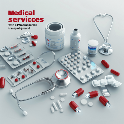 medical services with a transparent background, "rpg game asset pack, vector graphics, " red and white", pills, stethoscope, rendered in the style of Redshift and octane render. High resolution.