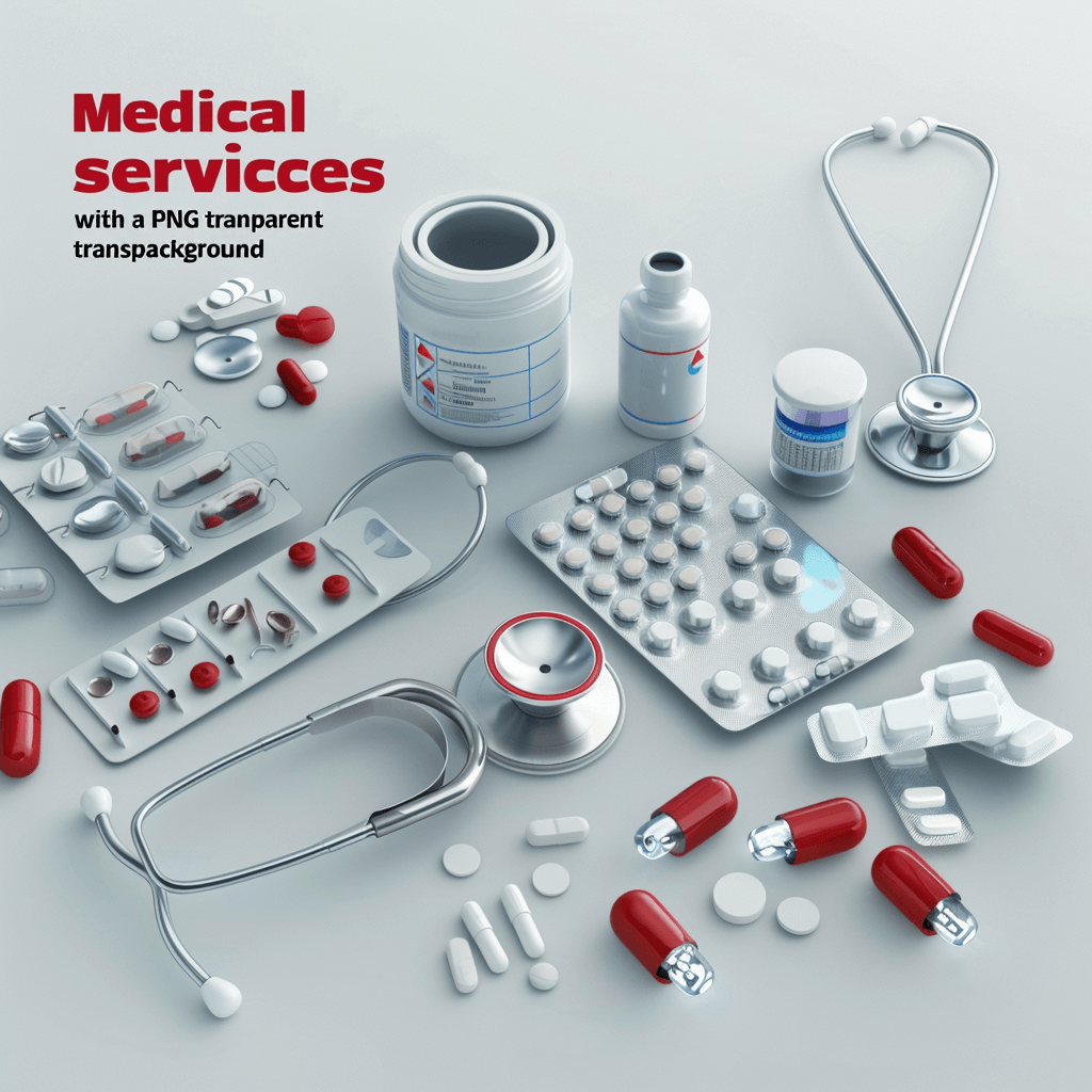 medical services with a transparent background, “rpg game asset pack, vector graphics, ” red and white”, pills, stethoscope, rendered in the style of Redshift and octane render. High resolution.