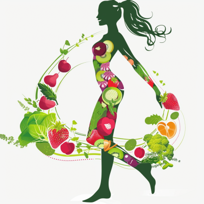 vector illustration of a healthy lifestyle, a woman silhouette with fruits and vegetables swirling around, white background, high resolution, professional photograph, natural lighting, HDR, high detail, no watermarks - in the style of v5