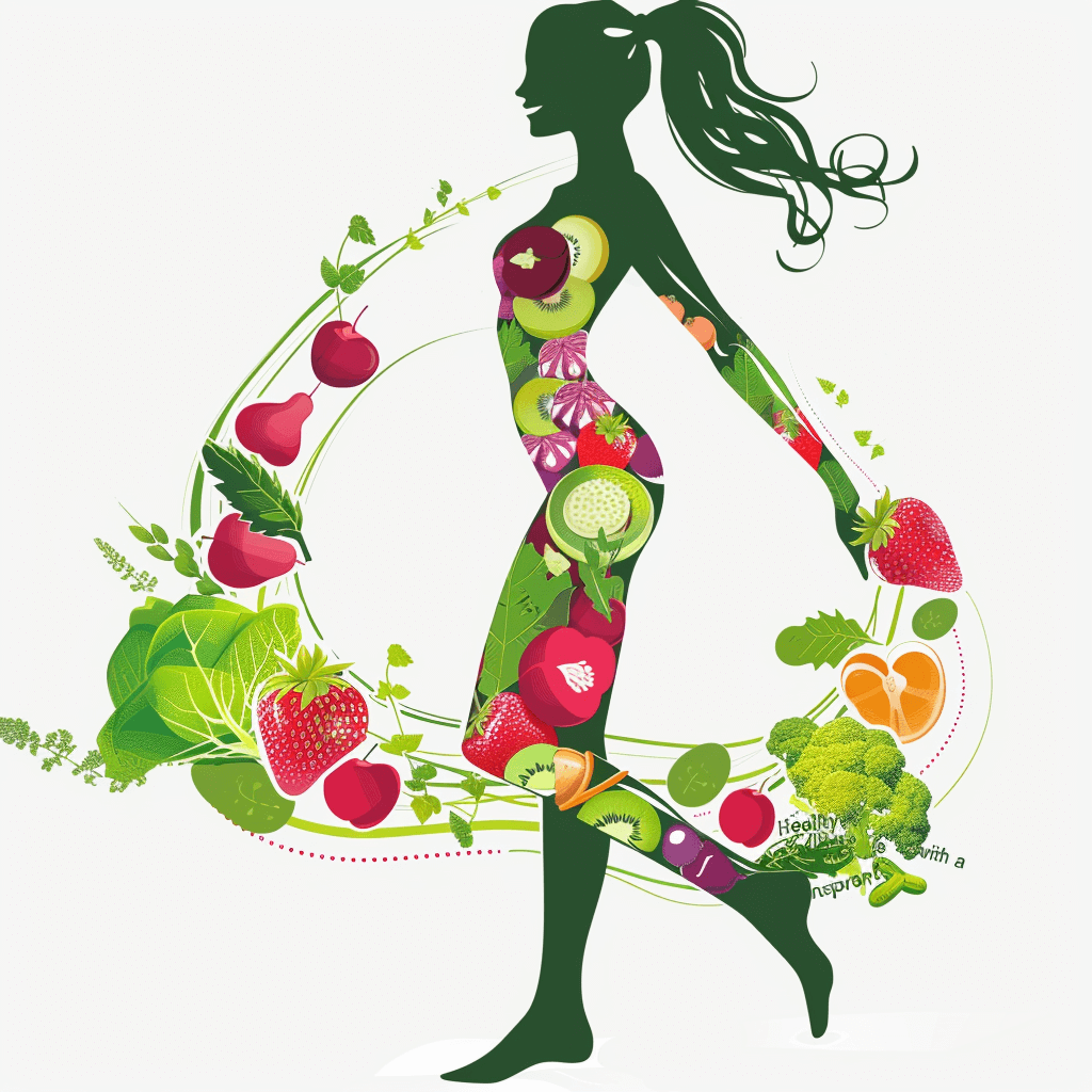 vector illustration of a healthy lifestyle, a woman silhouette with fruits and vegetables swirling around, white background, high resolution, professional photograph, natural lighting, HDR, high detail, no watermarks – in the style of v5