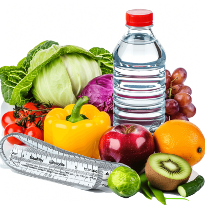 A healthy lifestyle with vegetables, fruits and water bottle on white background, "." A plastic tape measure is next to the food items. The photo was taken using Canon EOS R5 camera with standard lens. High resolution. Ultrarealistic, highresolution image. It has a vibrant color palette. T Body shape features of each item can be seen clearly in detail. An overall sense that all elements have been carefully arranged together for an elegant display. The entire scene conveys tranquility and vitality. With the words "Graphic style" written below it says " handwritingight Consulting transويدes healthy firedhereable ornamentia", with text below saying