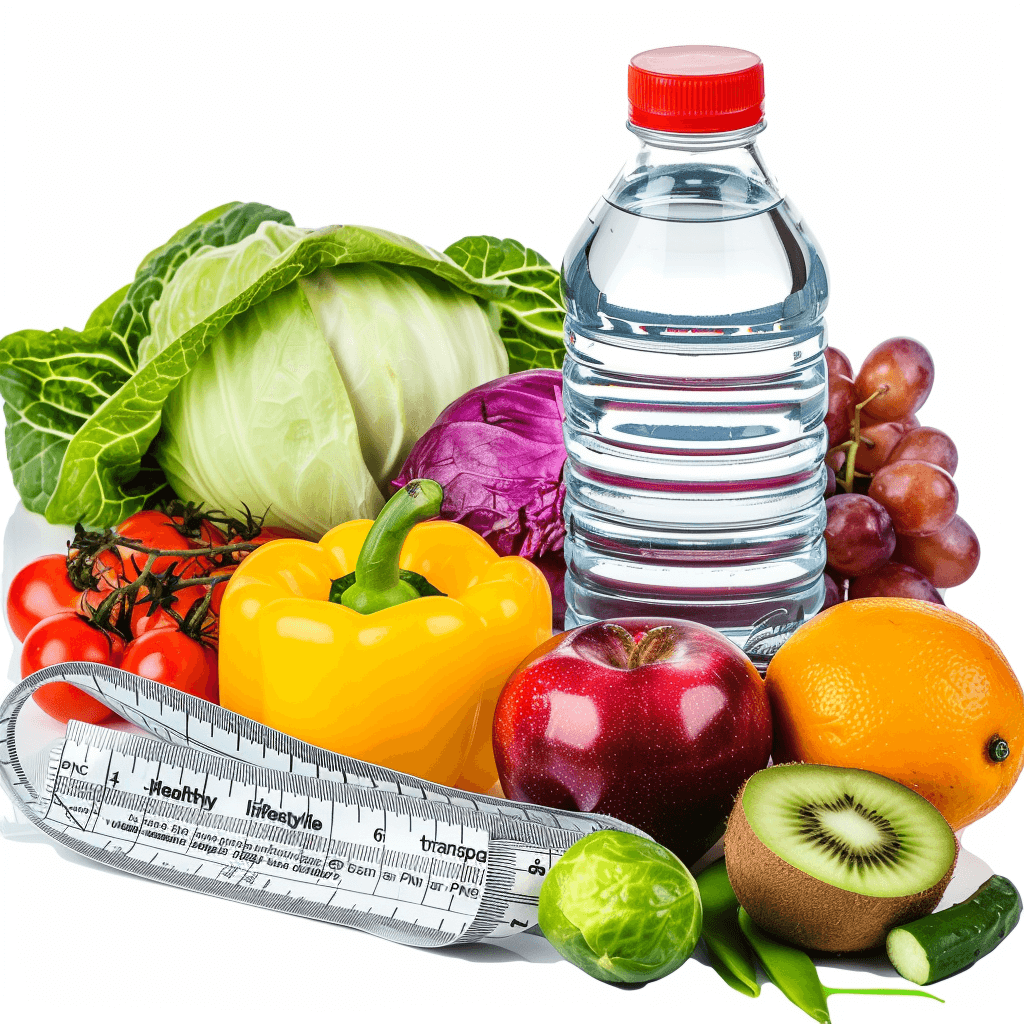 A healthy lifestyle with vegetables, fruits and water bottle on white background, “.” A plastic tape measure is next to the food items. The photo was taken using Canon EOS R5 camera with standard lens. High resolution. Ultrarealistic, highresolution image. It has a vibrant color palette. T Body shape features of each item can be seen clearly in detail. An overall sense that all elements have been carefully arranged together for an elegant display. The entire scene conveys tranquility and vitality. With the words “Graphic style” written below it says ” handwritingight Consulting transويدes healthy firedhereable ornamentia”, with text below saying